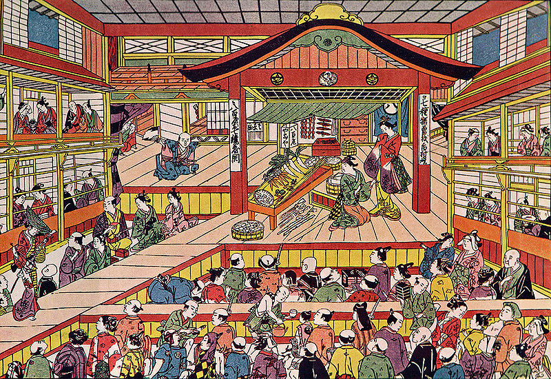 An Edo kabuki performance in the Kabukiza theater. Note the actor moving up the hanamichi on the left side. This should give you an idea of how close kabuki actors got to their audiences.