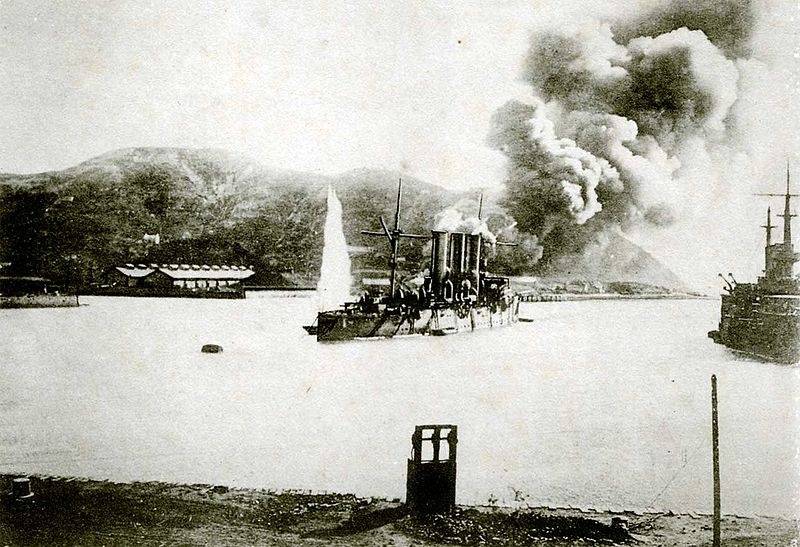 The siege of Port Arthur, one of the more decisive battles of the Russo-Japanese War. Japan eventually took the port city, but at tremendous cost in soldiers. This picture shows the results of a bombardment by Japanese ships blockading the port.