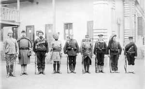 A side-by-side image of the soldiers of each country which intervened in the Boxer Rebellion in 1900. From left to right: Britain, the US, Australia, British India, Germany, France, Austria-Hungary, Russia, Japan