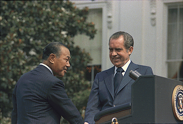 Tanaka Kakuei meeting with President Richard Nixon in 1973. Tanaka was legendary for his corruption and use of bribery and porkbarrel politics to support his position, a tactic that became standard for the LDP for the next 20 years.