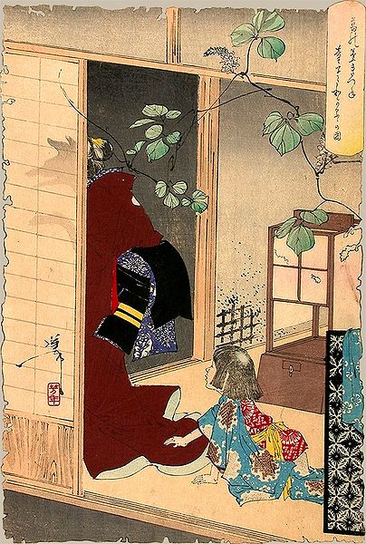 An Edo-era print by the artist Yoshitoshi depicting one of the legends of Seimei's life. In this image, Seimei's mother is leaving him, and is revealed to be the fox spirit Kuzunoha. Kuzunoha would, according to legend, later impart Seimei with some of her power.