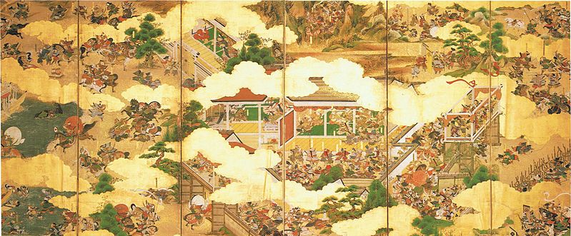 This image depicts a series of battles from the Genpei War (rather than one single scene). Moving from right to left, it chronicles a series of Minamoto triumphs which turned the war decisively in their favor.