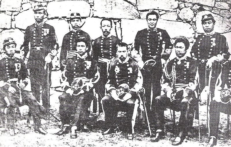 Soldiers of the Imperial Japanese Army in the Kumamoto Garrison in 1877. The Kumamoto Garrison resisted Saigo's advance, buying time for the rest of the IJA to assemble and counterattack.