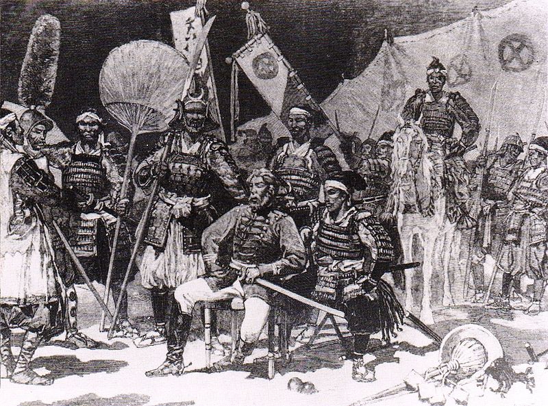 Saigo Takamori and his officers in traditional dress, as depicted by the French Le Monde Illustre.