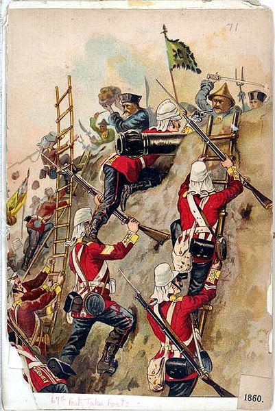 British foot soldiers storming Chinese positions during the First Opium War, (1839-1842), which would demonstrate the weakness of the once mighty Chinese Empire.