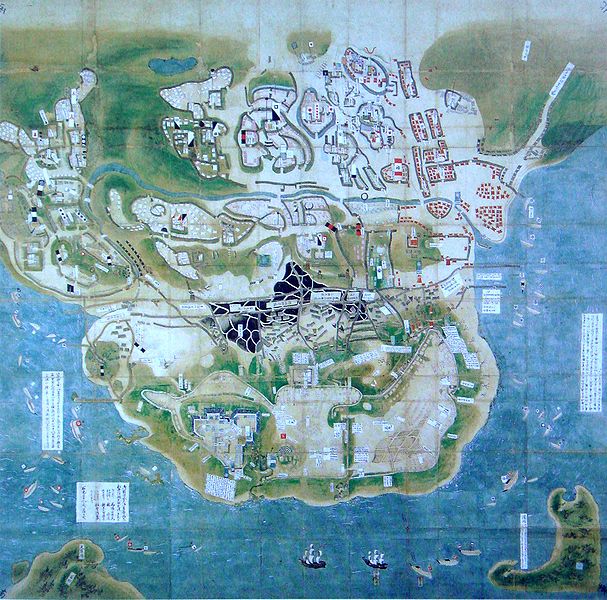 The siege of Hara castle during the Shimabara Rebellion. Dutch ships are visible in the south.
