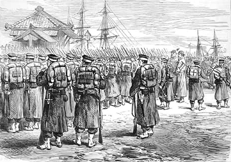 Soldiers of the Imperial Japanese Army boarding troop transports in Yokohama during the Satsuma Rebellion in 1877.