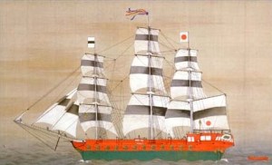 The Tokugawa shogunate inaugurated the use of the hinomaru as the national flag by using it as Japan's naval ensign. You can see this shogunal battleship -- the Asahi-maru -- displaying it.