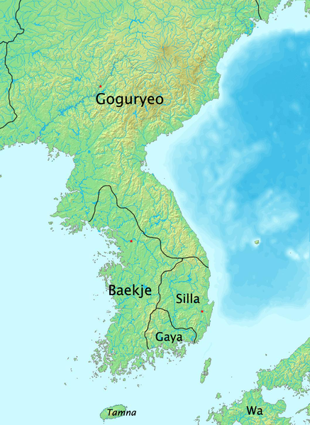 The Kingdoms of Korea. This image shows the disposition of the kingdoms in the 300s (hence the inclusion of the fourth kingdom, Gaya, which was destroyed by the time of our episode) but it should give you some idea of what things looked like on the peninsula.