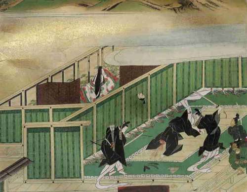 The assassination of Soga no Iruka; Nakatomi no Kamatari is the one threatening the figure on the ground (Iruka) with a sword.