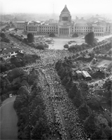 Japanese protestors during the Anpo riots. The large building in the center is the Diet (parliament). Courtesy of the Guggenheim Museum.