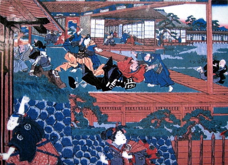 A print depicting Asano's attack on Kira, triggering the whole cycle of revenge around which the 47 ronin tale revolves.