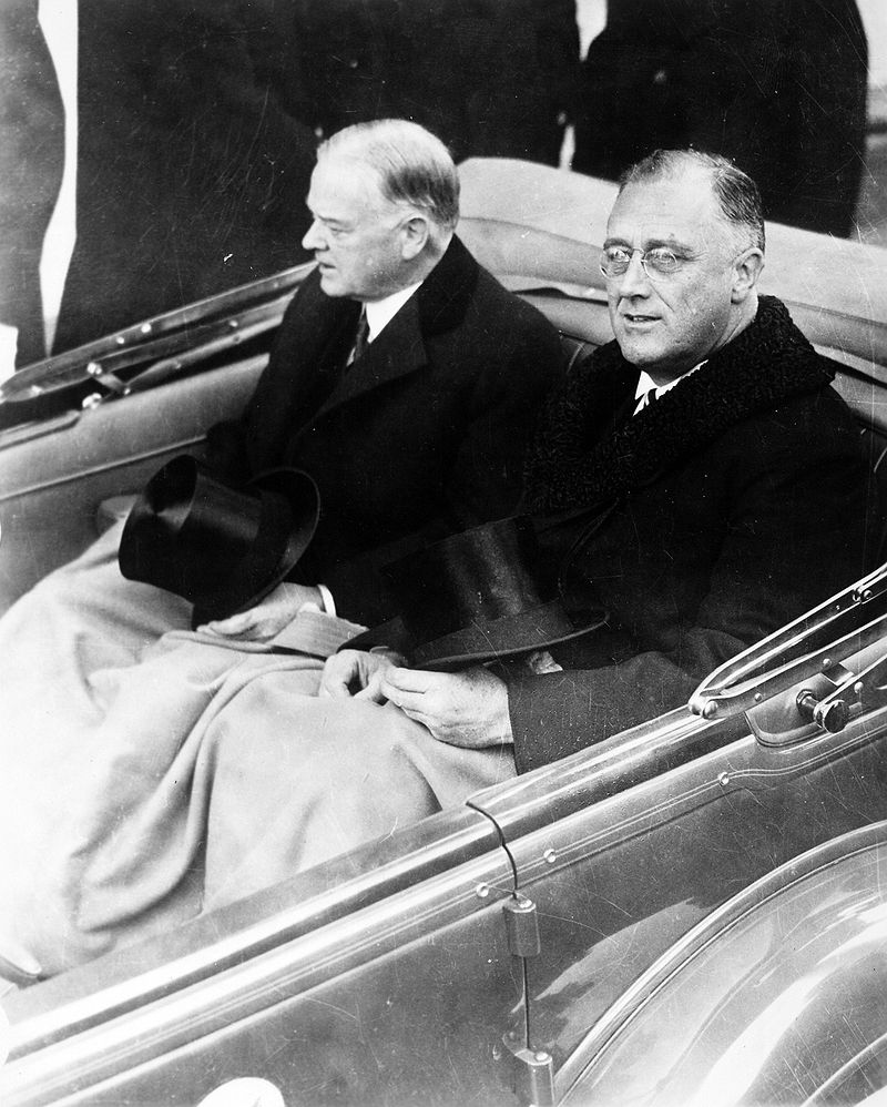 Franklin Delano Roosevelt (right) with his predecessor Herbert Hoover on Inauguration Day in March, 1933. Roosevelt's leadership style would prove the antithesis of the weak style of Konoe.