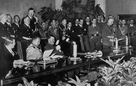 The signing of the Tripartite Pact in September, 1940. On the far left is the Japanese delegate, Kurusu Saburo, who actually objected to the treaty but was ordered to sign it.